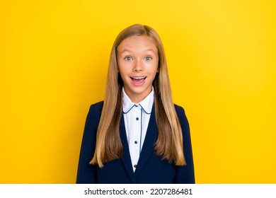 Photo Of Astonished Pretty Girl Wear Trendy Outfit Speechless Staring New Nice Classroom Isolated On Yellow Color Background