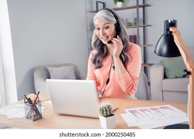 Photo of attractive aged woman happy positive smile call talk microphone look laptop work home distance call center help