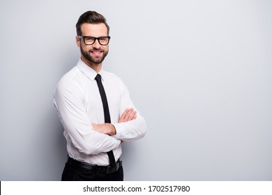 Photo of attractive business man bossy crossed arms friendly smile meet colleagues corporate seminar wear specs white office shirt black pants tie isolated grey color background - Shutterstock ID 1702517980