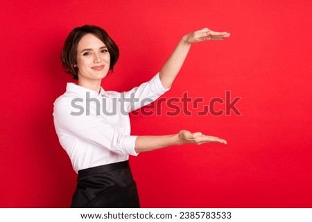 Photo of attractive charming happy young woman hold hands empty space show measure size isolated on red color background