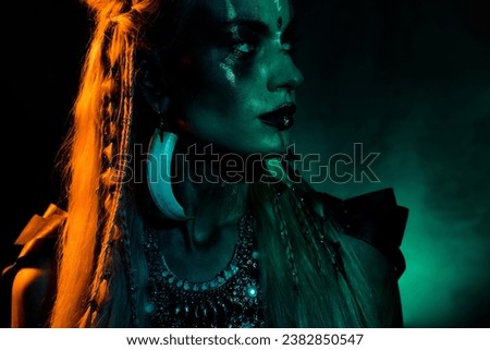 Photo of attractive cool mysterious lady wear viking clothes copyspace empty space isolated dark color background