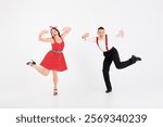 Photo of attractive couple professional dancers choreography battle musici rhythm performance isolated on white color background