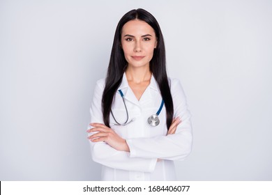 Photo Of Attractive Doctor Practitioner Lady Meet Patients Consultation Not Smiling Reliable Person Arms Crossed Wear White Lab Coat Stethoscope Isolated Grey Color Background