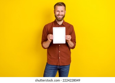 Photo of attractive positive man dressed brown trendy outfit hand demonstrate modern device technology isolated on yellow color background