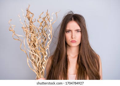 Photo Of Attractive Stressed Worried Lady Dry Low Hydration Balance Hairdo Long Damaged Thin Weak Like Straw Curls Wear Beige Singlet Isolated Grey Color Background