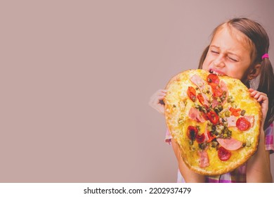 Photo Of Attractive Young Beautiful Girl Eats Big Slice Of Pizza. 