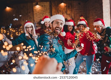 Photo of attractive young people nice guy pull hand follow new year decoration interior home party apartment - Powered by Shutterstock