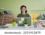 Photo of attractive young woman call center operator dressed green outfit cozy day light home office interior living room