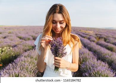 Photo of attractive young woman in dress holding bouquet of flowers while walking outdoor through lavender field in summer