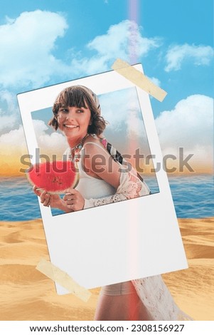 Photo banner 3d collage image of beautiful girl traveler walk sand beach ocean shore enjoy sunny weather rejoice free time abroad