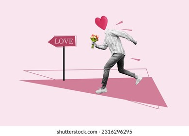 Photo banner collage illustration headless man sympathy relationships running direction pointer find love isolated pink background