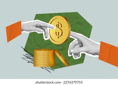 Photo banner collage new financial application how save more money stack coins penny dollars fingers connection isolated on green background