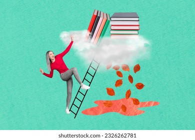 Photo banner collage placard of young girl climbing ladder more literature pile books interesting materials isolated on green background