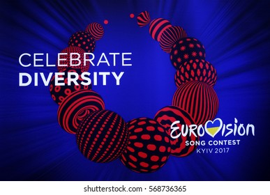 Photo Of Banner With Official Logo Of Eurovision Song Contest 2017 (ESC) Depicting A Traditional Ukrainian Necklace,and Slogan 