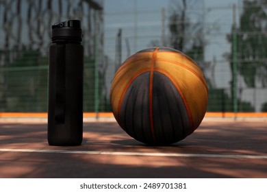 A photo of a basketball and a black sports water bottle placed on a basketball court. Perfect for themes related to sports, fitness, hydration, and outdoor activities. - Powered by Shutterstock