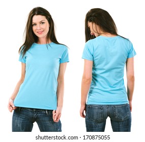 Photo Of A Beautiful Brunette Woman With Blank Light Blue Shirt. Ready For Your Design Or Artwork.