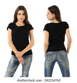 Photo Of A Beautiful Brunette Woman With Blank Black Shirt. Ready For Your Design Or Artwork.