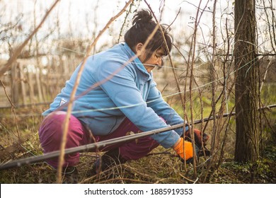 Photo Of A Beautiful Happy Older Woman While She Is Gardening Smiling And Standing Outside During Sunset. Wind Blows Her Hair. Beautiful Sunset Day