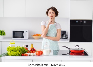 Photo of beautiful housewife holding arm on chin remind recipe minded enjoy weekend morning cooking tasty dinner family meeting wear apron t-shirt stand modern kitchen indoors
