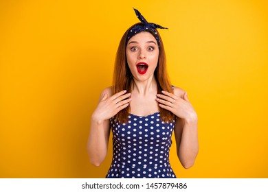 Photo Of Beautiful Lady Red Lipstick Not Ask Really Not Believe Wear Casual Dotted Dress Headband Isolated Vivid Yellow Background