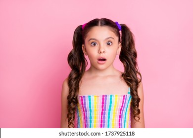 Photo Of Beautiful Little Lady Two Lovely Cute Curly Tails Open Mouth Listen Terrible News Bad Semester School Ending Wear Colored Dress Summer Singlet Isolated Pastel Pink Color Background
