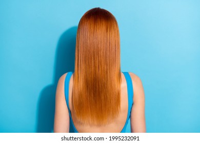 Photo of beautiful red headed young woman hair wear top singlet isolated blue color background