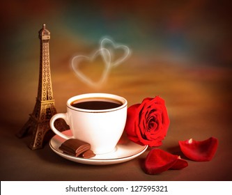 Photo Of Beautiful Still Life Of Europe Dessert, Travel To Paris, Morning Coffee With Pieces Of Sweet Chocolate, Festive Dinner In Restaurant, Eiffel Tower, Honeymoon In France, Valentine Day