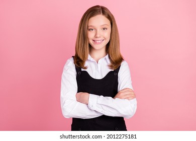 Photo Of Beautiful Sweet School Girl Wear Black White Uniform Arms Crossed Smiling Isolated Pink Color Background