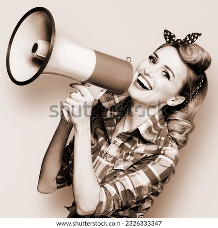 Photo of beauty woman holding megaphone, shout advertising something. Girl in pin up style wear. Beauty model in retro fashion concept. Brown toned black and white, bw photo. Square monochrome image.