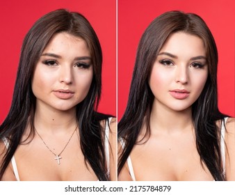 Photo before and after retouch. Beautiful brunette on a red background. The work of a retoucher in a photo edit Concept editing, photo retouching.
