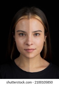 Photo Before And After Retouch. Portrait Of Beautiful Mature Woman On Black Background, Banner Design