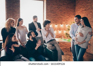 Photo Of Best Friends Clapping Hands Meeting Married Couple Waiting Baby Born Arranging Baby Shower Party Wear Formalwear Restaurant Room Indoors