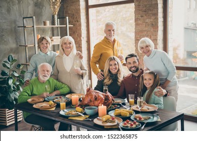 Photo Of Big Family Standing Hugging Feast Table Holiday Roasted Beef Turkey Making Portrait Eight Members Relatives Multi-generation Raising Wine Glasses In Living Room Indoors