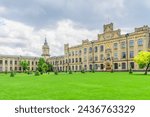 It is photo of big green lawn in front of main building of National Technical University of Ukraine. It