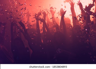 Photo Of Big Group Joyful People Rise Hands Fall Sequins Enjoy Wear Stylish Trendy Outfit Modern Club Indoors