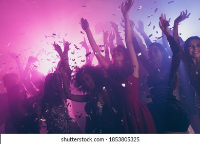 Photo Of Big Group Many Classy Girls Falling Confetti Catch Arms Neon Bright Pink Spotlight Modern Club Indoors