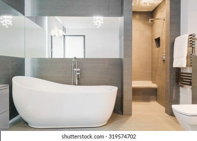 Photo Of Big New Design Bathtub In Spacious Trendy Bathroom