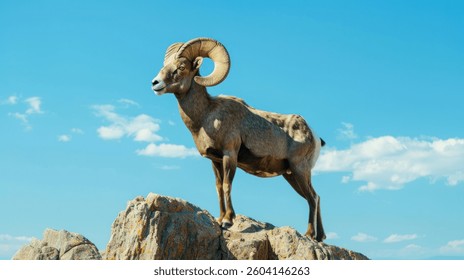 Photo of a bighorn sheep standing on a rock against a blue sky, showing off its impressive horns and muscular build.