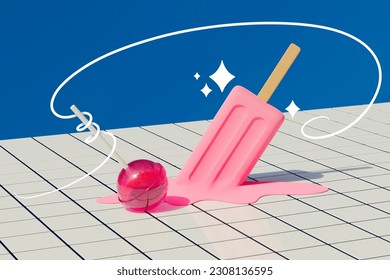 Photo billboard banner 3d collage picture tasty candy on the floor near delicious pink fruit melting ice cream warm weather sunny day