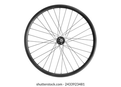 Photo of a black bicycle wheel. Spare parts for transport
