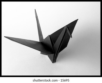 a photo of a black origami crane with a black border