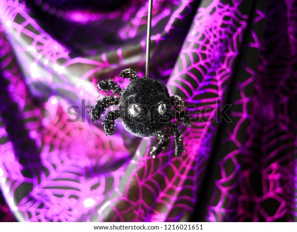 Photo Black Toy Spider On String Holidays Stock Image