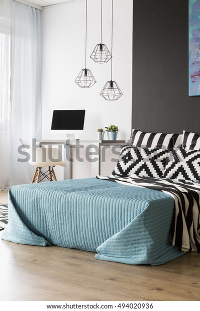 Photo Black White Bedroom Large Bed Stock Photo Edit Now