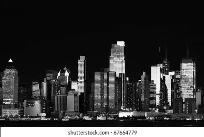 Photo Black And White New York City At Night Cityscape And Skyline. Beautiful B&w New York Cityscape Over The Hudson At Night Nyc