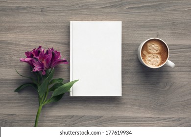 Photo Blank Book Cover On Textured Wood Background With Spring Flower And Cape Of Coffee