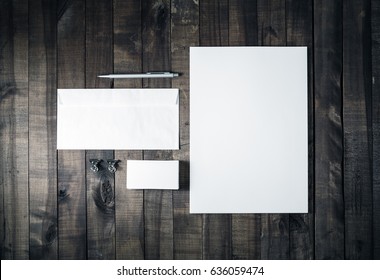 Photo Of Blank Corporate Identity. Blank Stationery Set. Branding Mockup. Sheet Of Paper, Letterhead, Business Cards, Envelope And Pen. Top View.