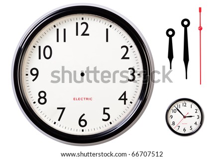 Photo of a blank electric clock face with arabic numerals plus hour, minute and second hands to make your own time, small version of original included for guidance. Clipping path included for clock.