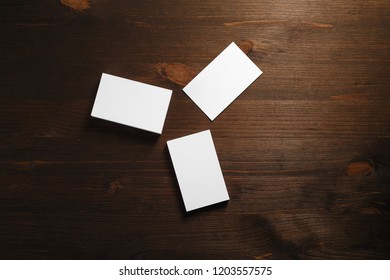 Photo Of Blank Paper Business Cards Stack On Wooden Background. Template For Branding Identity. Flat Lay.