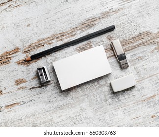 Photo Of Blank Stationery Set. Branding Mockup. Bank White Business Cards, Pencil, Flash Drive And Sharpener On Vintage Wood Table Background.