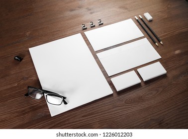 Photo Of Blank Stationery Set On Wood Background. Corporate Identity Template.